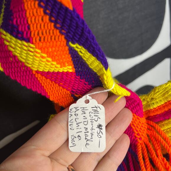 Colombian Handmade Mochila Small Wayuu Bag Vibrant Yellow with Tassels - Picture 5 of 12